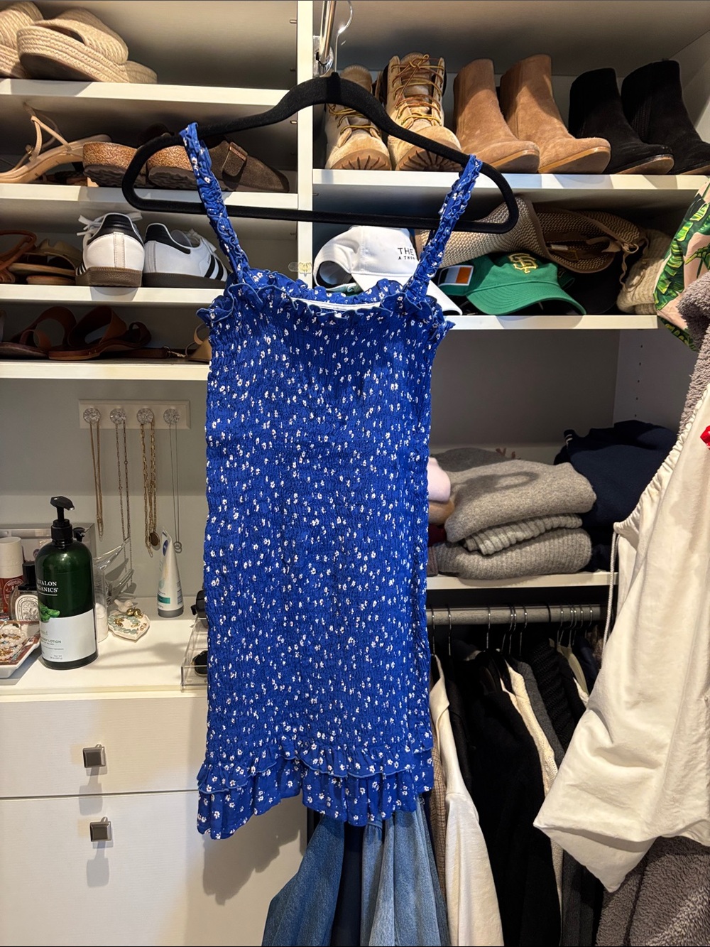 Faithfull the Brand Blue Mini Dress with White Floral Print
